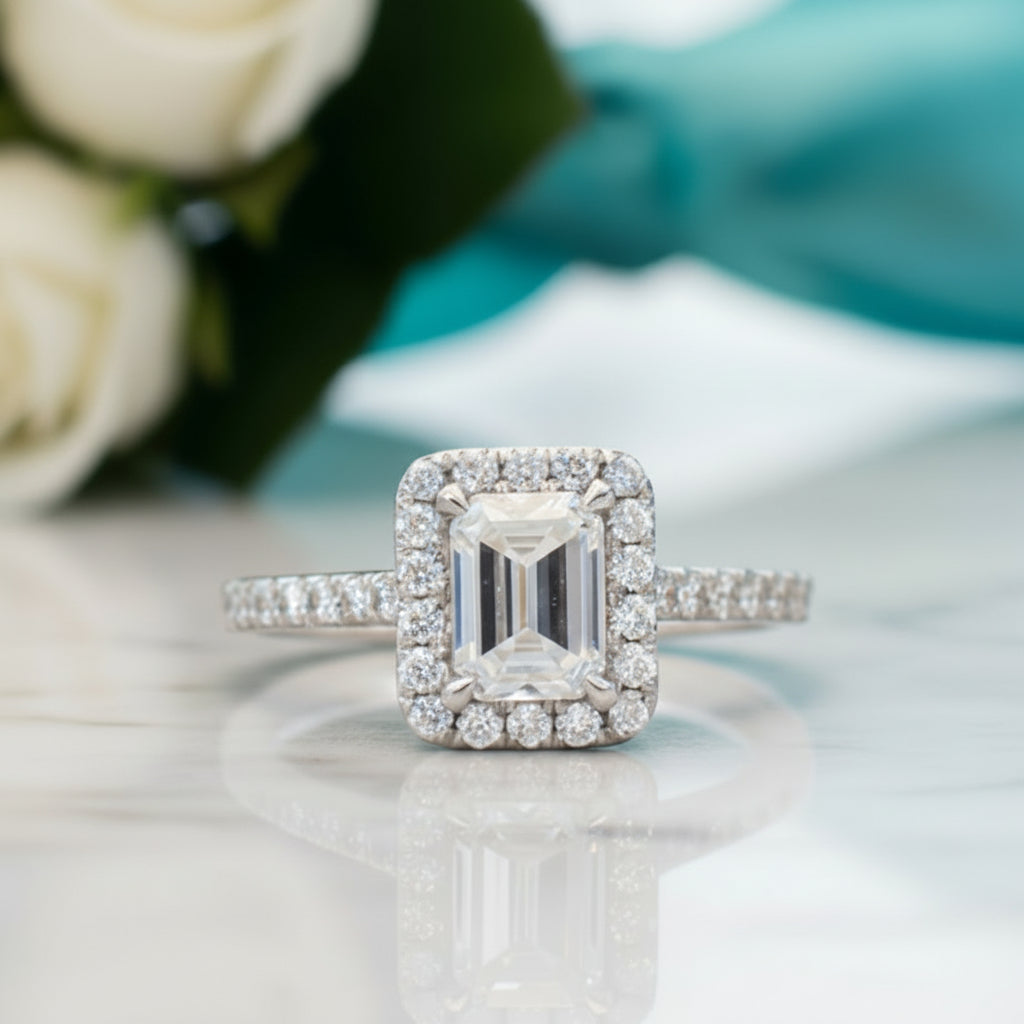 Classic 14K White Gold 1.0 Ct Emerald Cut Halo Diamond Engagement Ring-Evani Jewelry