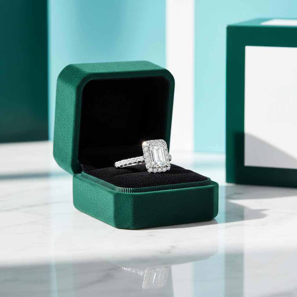 Classic 14K White Gold 1.0 Ct Emerald Cut Halo Diamond OptionEngagement Ring - Evani Naomi Jewelry