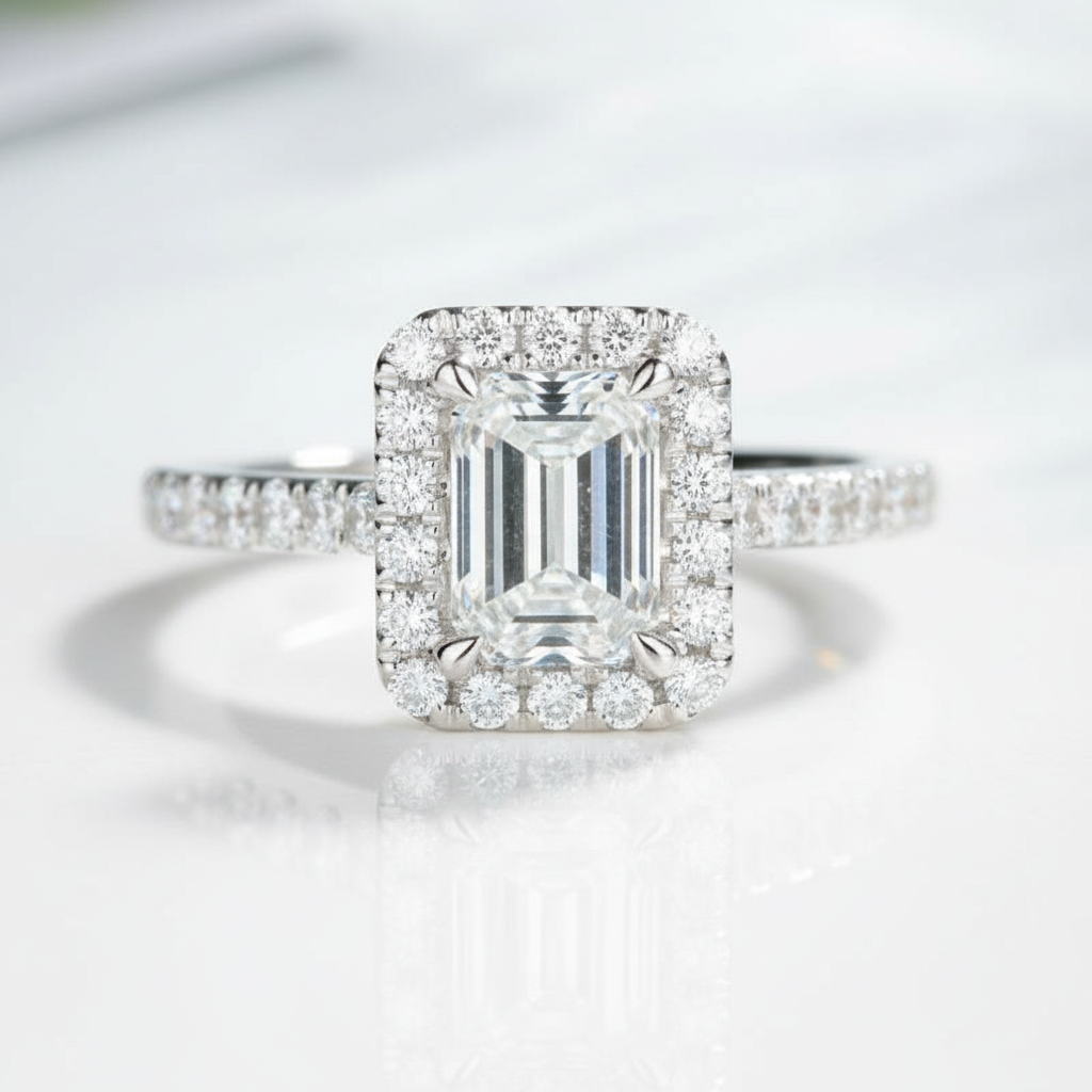 Classic 14K White Gold 1.0 Ct Emerald Cut Halo Diamond OptionEngagement Ring - Evani Naomi Jewelry