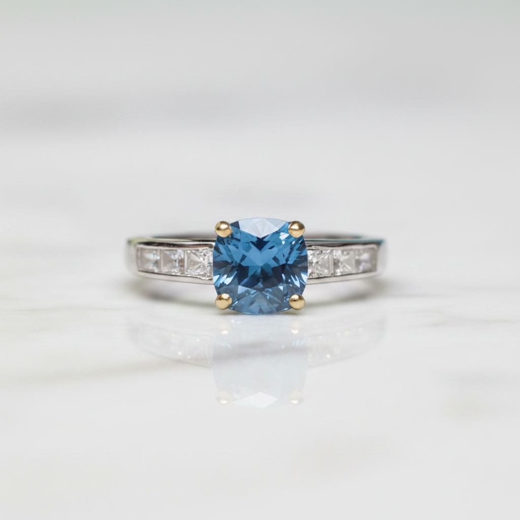 Classic 1.0 Ct Cushion Cut Blue Diamond Option Engagement Ring