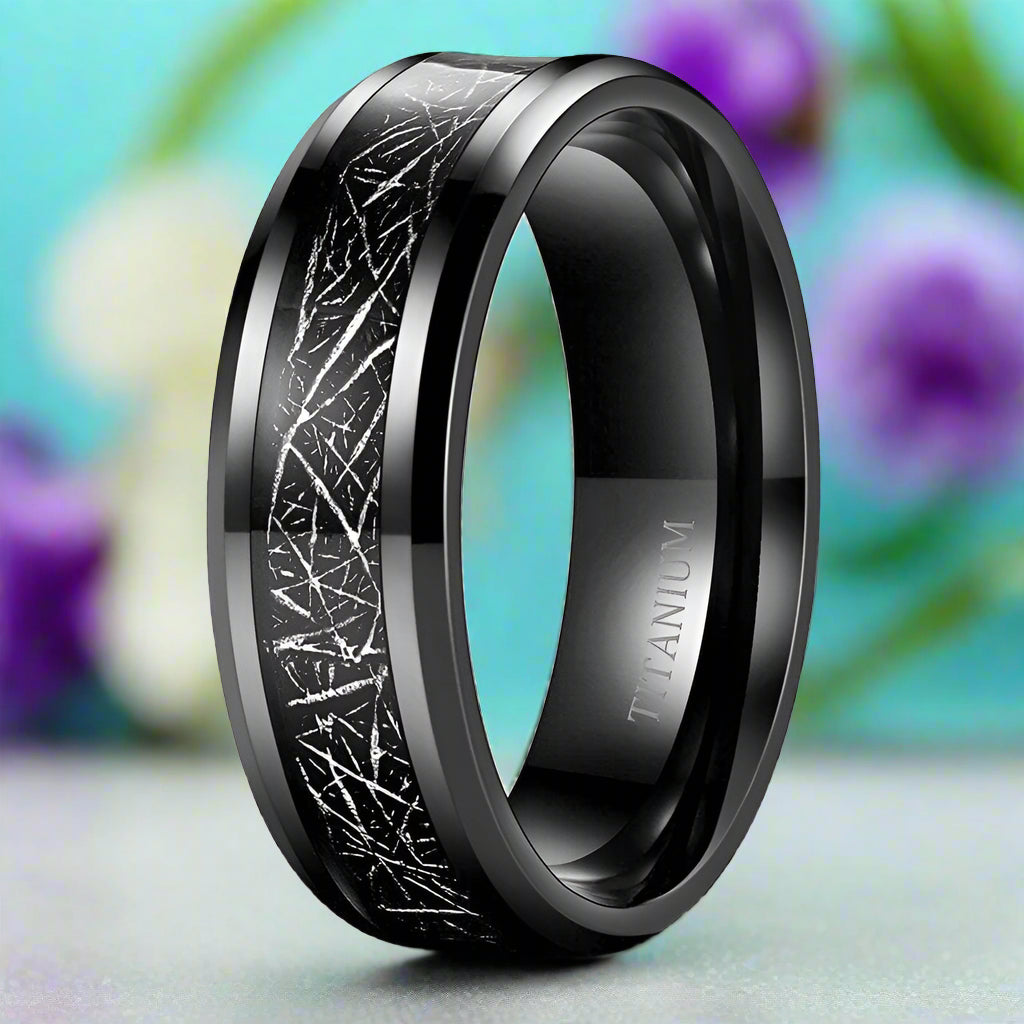 Classic Beveled Black Titanium Wedding Band with Silk Inlay-Evani Naomi Jewelry