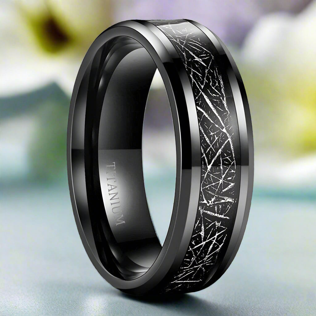 Classic Beveled Black Titanium Wedding Band with Silk Inlay-Evani Jewelry