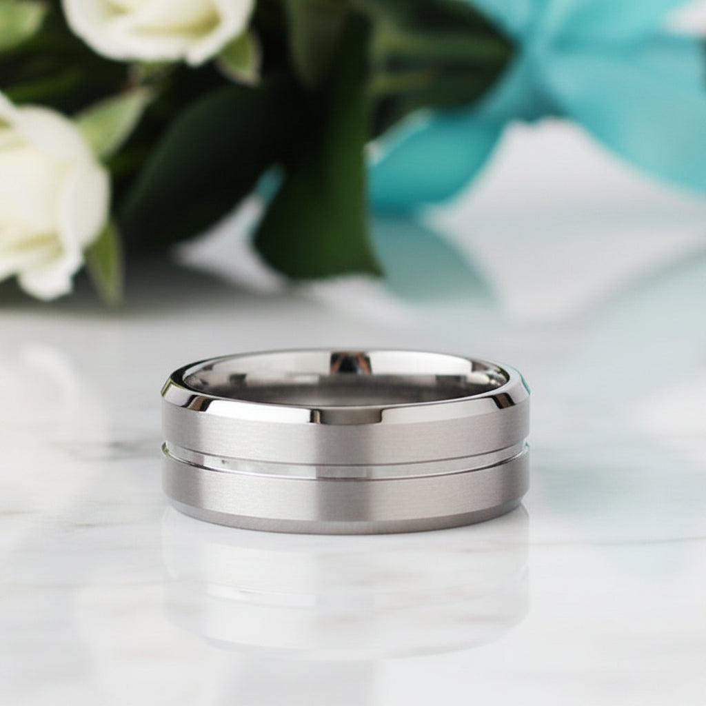 Classic Beveled Edge 8mm Tungsten Men's Wedding Band-Evani Jewelry