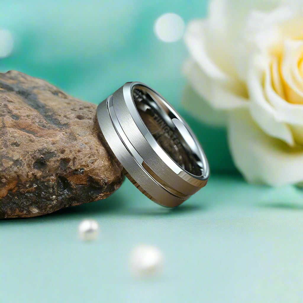Classic Beveled Edge 8mm Tungsten Men's Wedding Band-Evani Naomi Jewelry