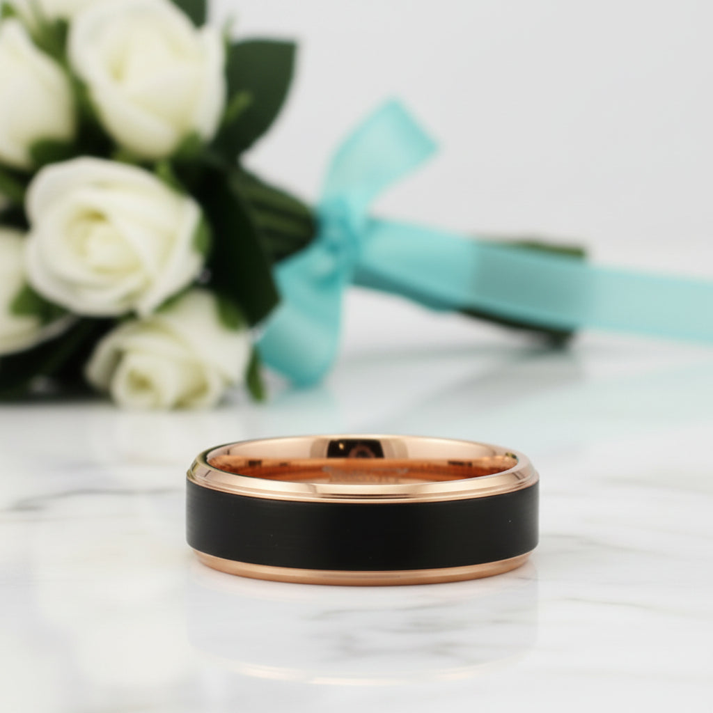 Classic Black & Rose Gold Tungsten Unisex Wedding Band-Evani Jewelry