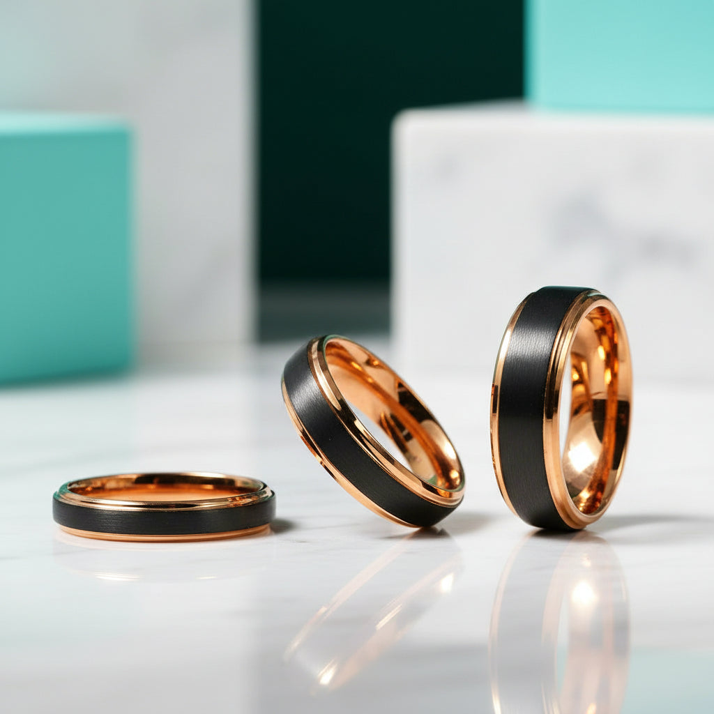 Classic Black & Rose Gold Tungsten Unisex Wedding Band-Evani Jewelry