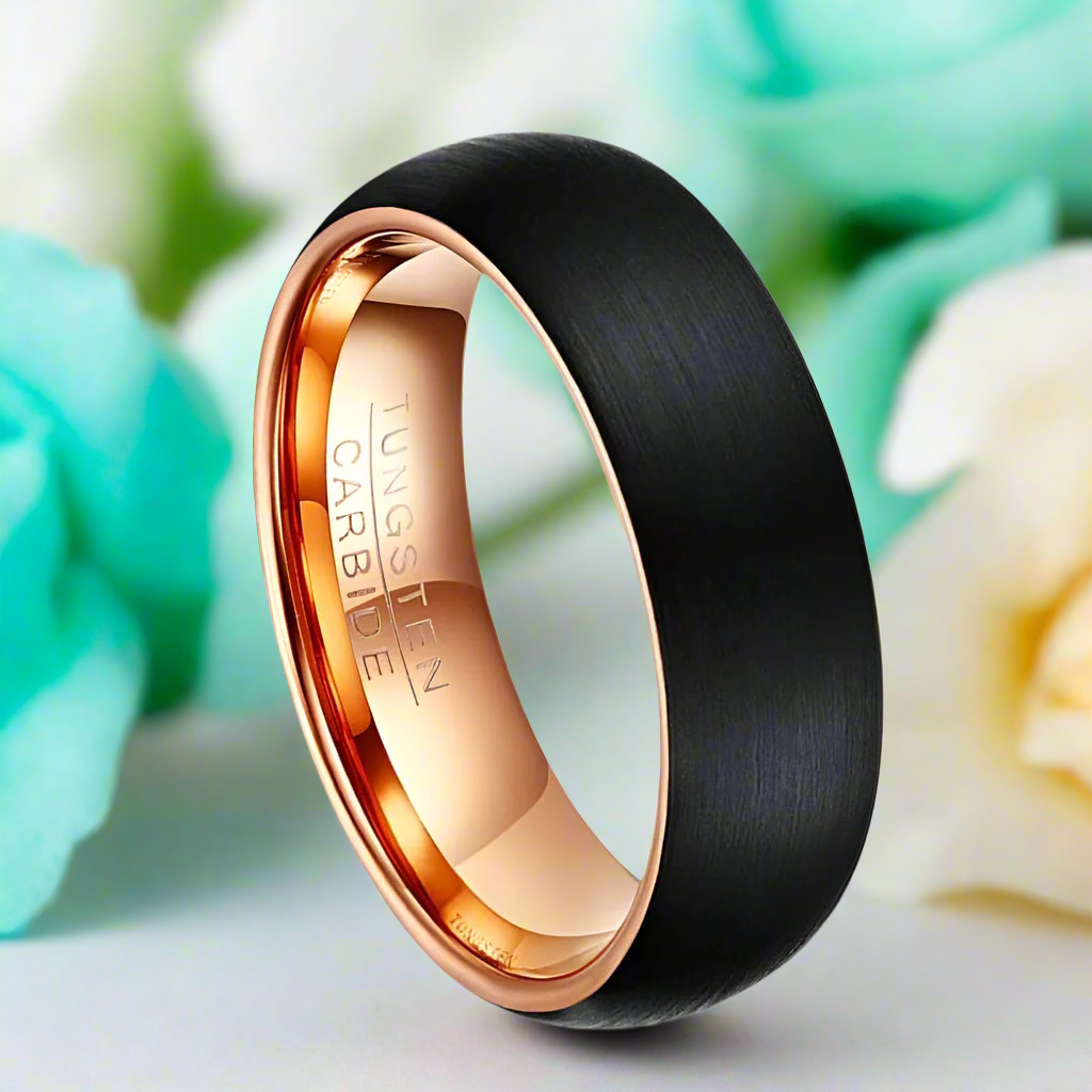 Classic Black & Rose Gold Tungsten Women's Wedding Band-Evani Jewelry
