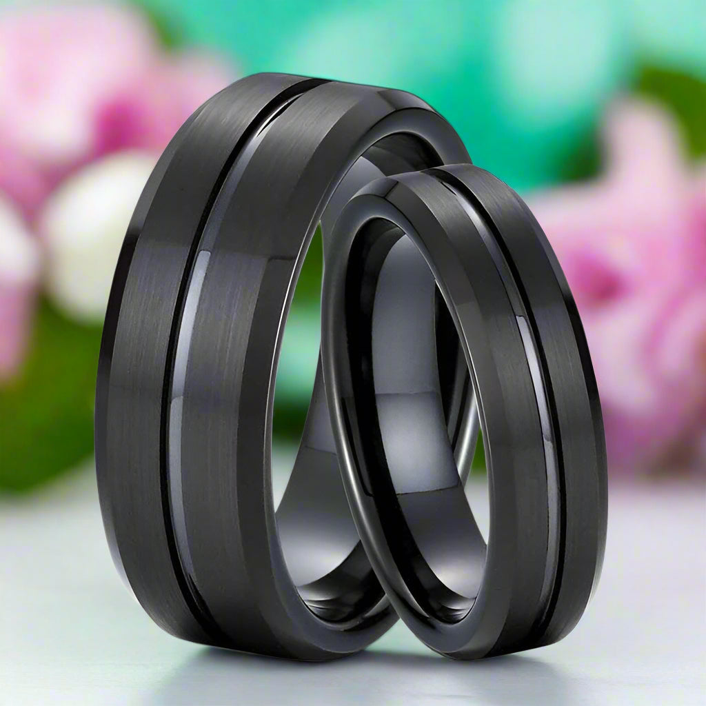 Classic Black Unisex Tungsten Wedding Band with Groove-Evani Naomi Jewelry