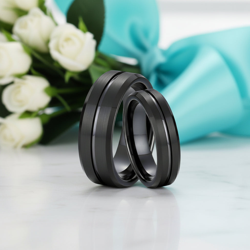 Classic Black Unisex Tungsten Wedding Band with Groove-Evani Jewelry
