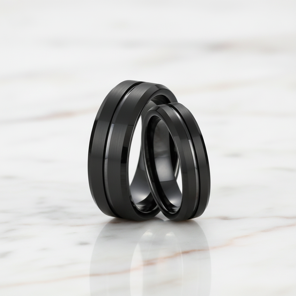 Classic Black Unisex Tungsten Wedding Band with Groove - Evani Naomi Jewelry