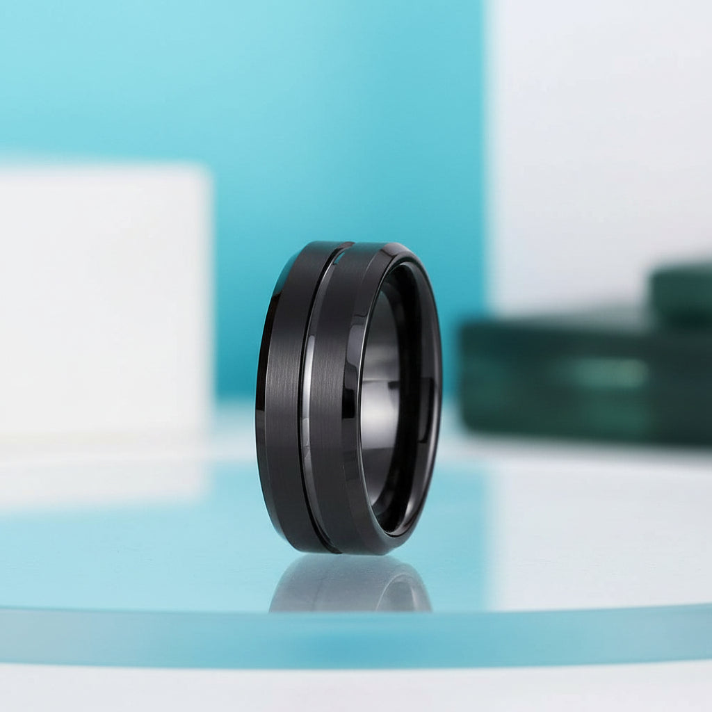 Classic Black Unisex Tungsten Wedding Band with Groove-Evani Jewelry