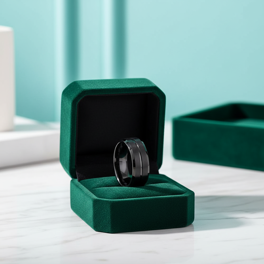 Classic Black Unisex Tungsten Wedding Band with Groove - Evani Naomi Jewelry