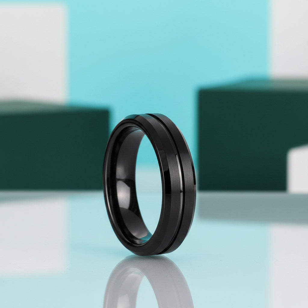 Classic Black Unisex Tungsten Wedding Band with Groove-Evani Jewelry