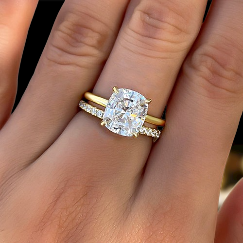 Classic Cushion Cut 3.0ct Diamond 4 Prong Yellow Gold Bridal Set-Evani Naomi Jewelry