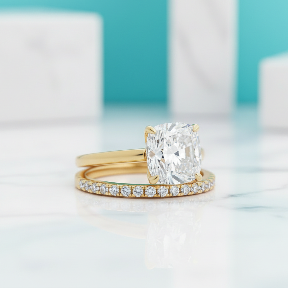 Classic Cushion Cut 3.0ct Diamond 4 Prong Yellow Gold Bridal Set-Evani Jewelry