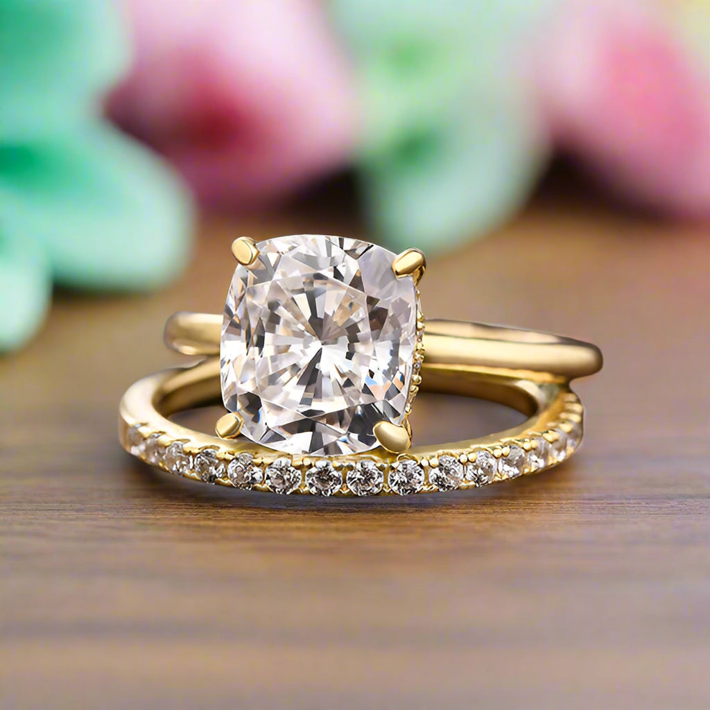 Classic Cushion Cut 3.0ct Diamond 4 Prong Yellow Gold Bridal Set-Evani Naomi Jewelry