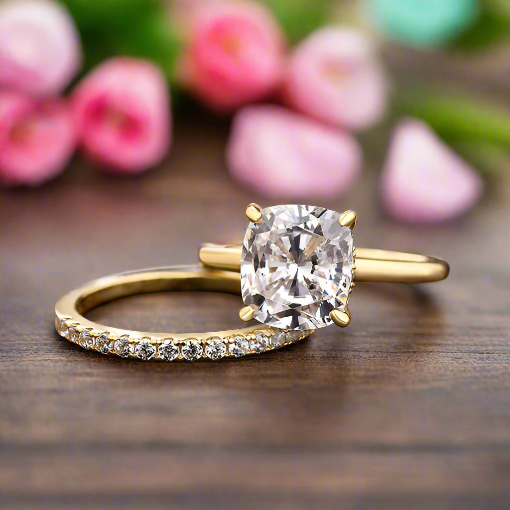 Classic Cushion Cut 3.0ct Diamond 4 Prong Yellow Gold Bridal Set-Evani Naomi Jewelry