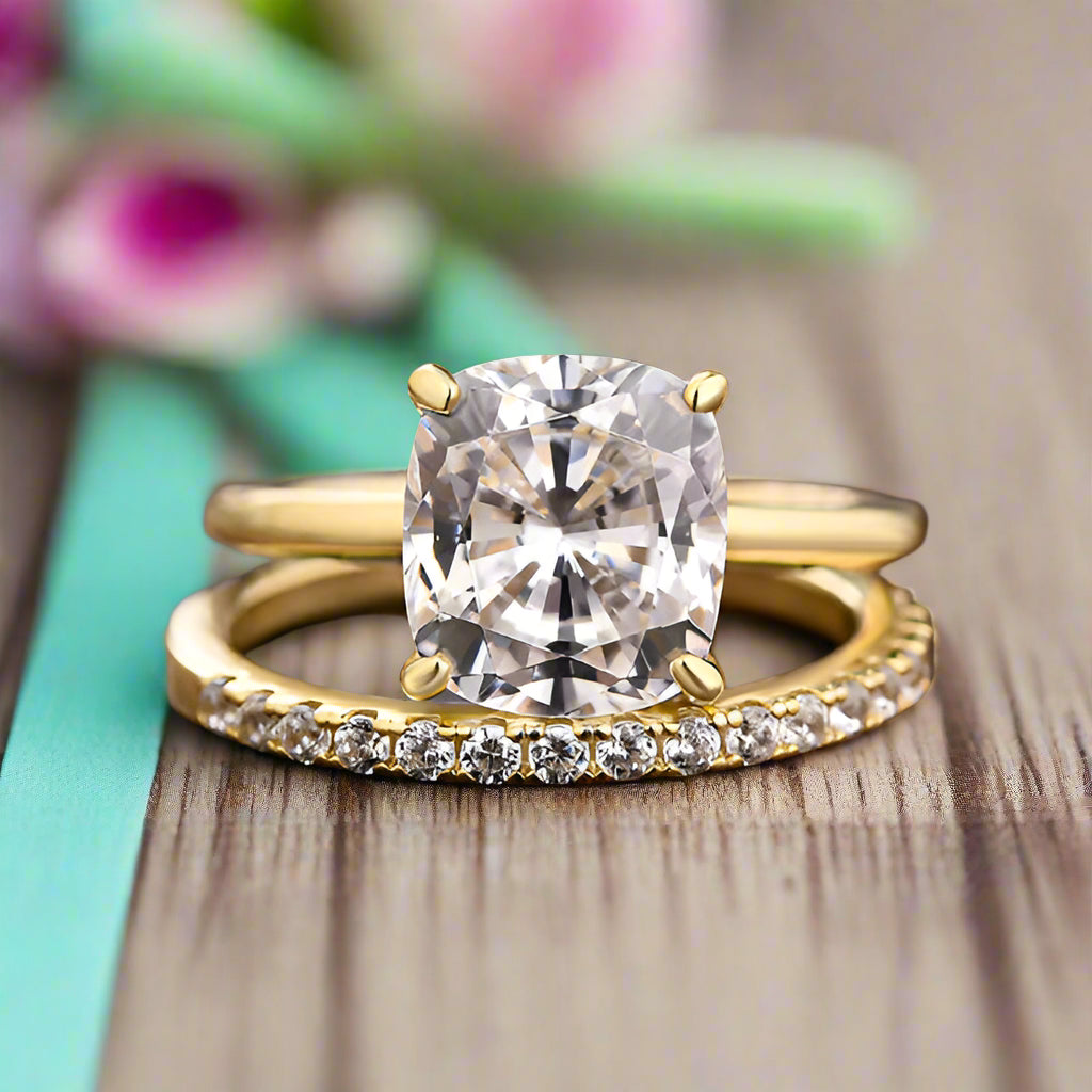 Classic Cushion Cut 3.0ct Diamond 4 Prong Yellow Gold Bridal Set-Evani Naomi Jewelry