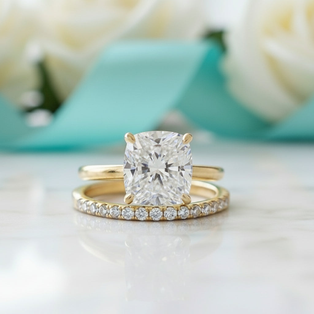 Classic Cushion Cut 3.0ct Diamond 4 Prong Yellow Gold Bridal Set-Evani Jewelry