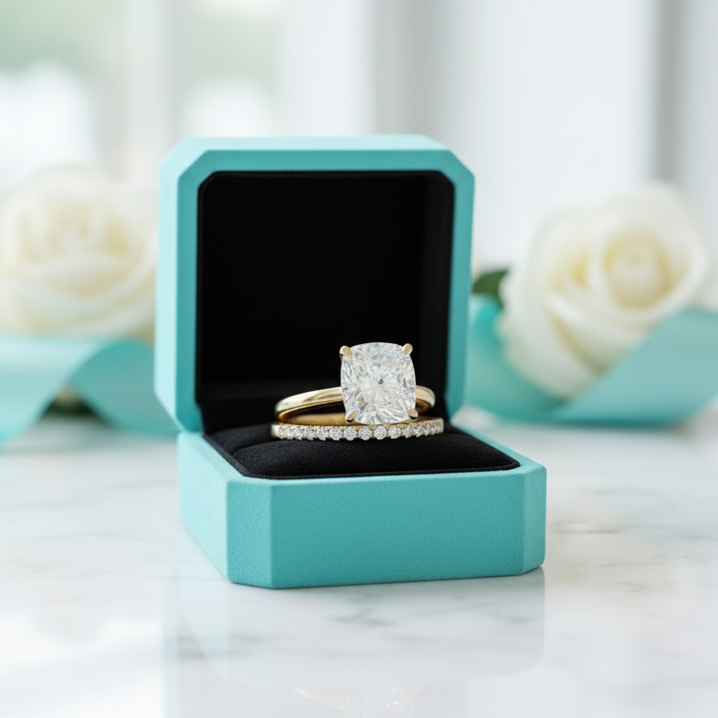 Classic Cushion Cut 3.0ct Diamond 4 Prong Yellow Gold Bridal Set-Evani Jewelry