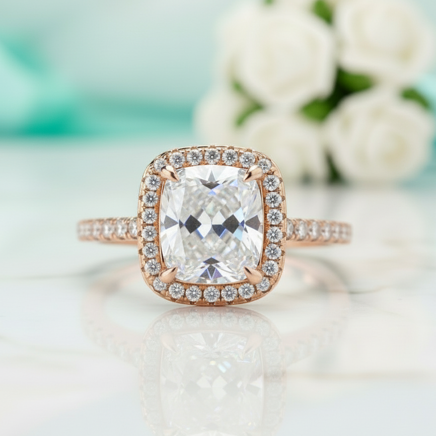 Classic Rose Gold Halo Radiant Cut Diamond Engagement Ring-Evani Jewelry