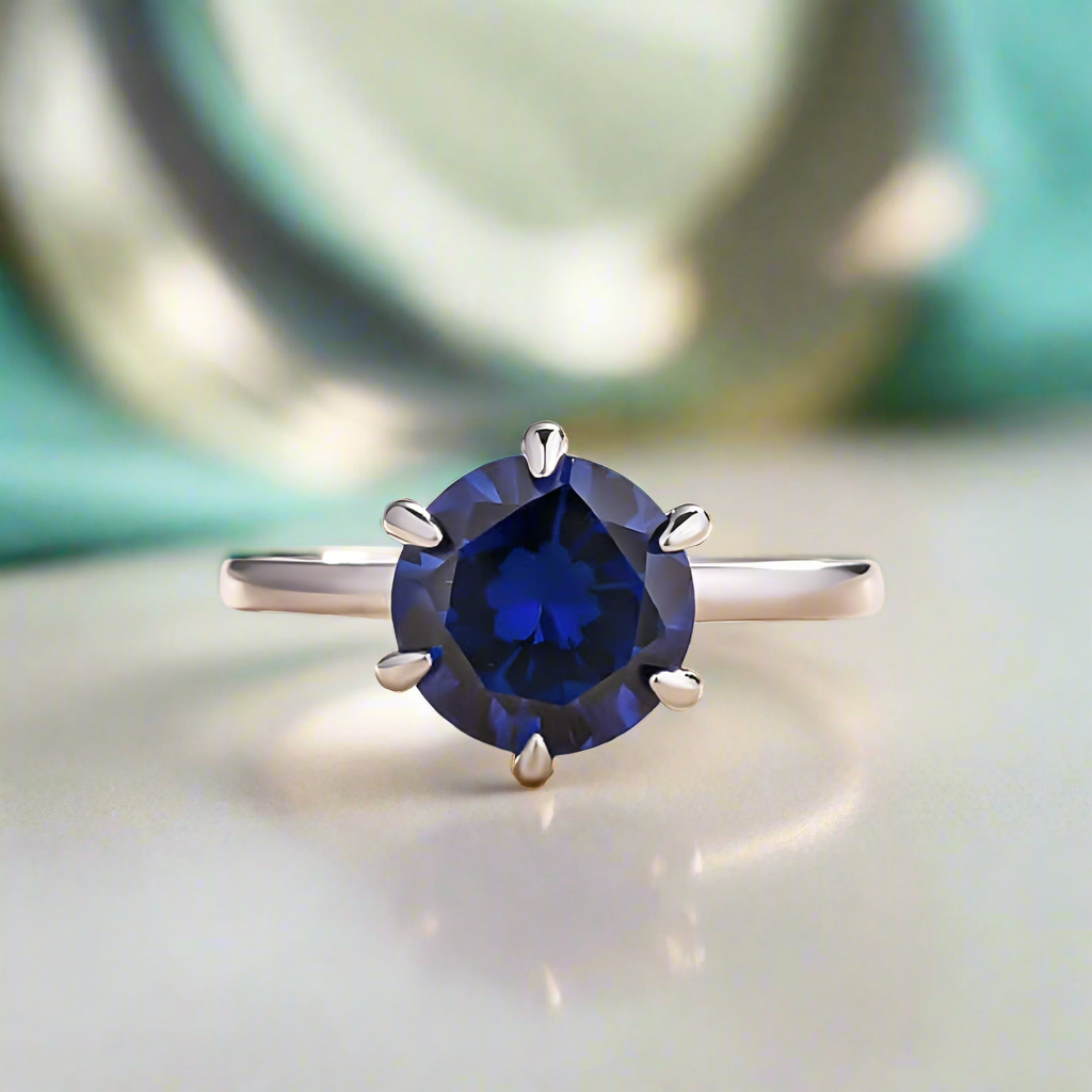 Classic Round Cut 2.0ct Blue Sapphire White Gold Engagement Ring-Evani Naomi Jewelry