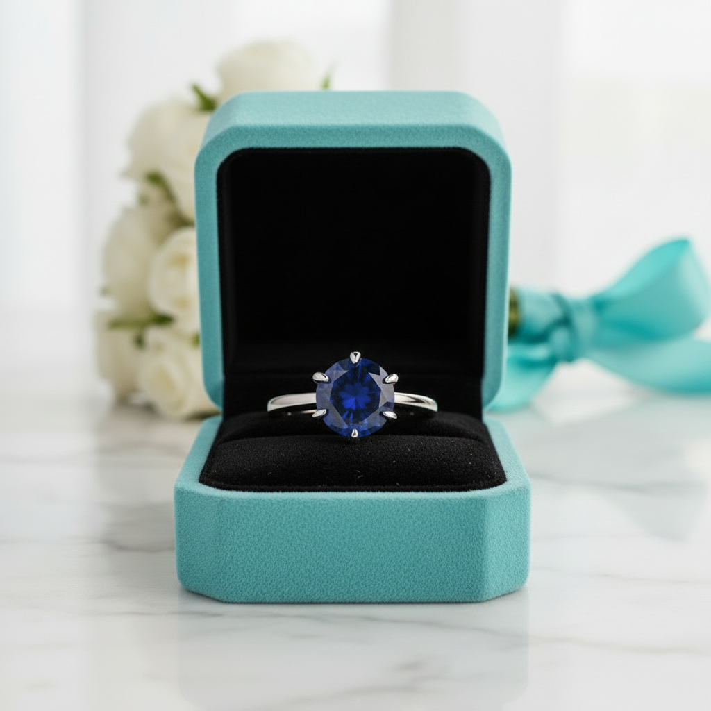 Classic Round Cut 2.0ct Blue Sapphire White Gold Engagement Ring