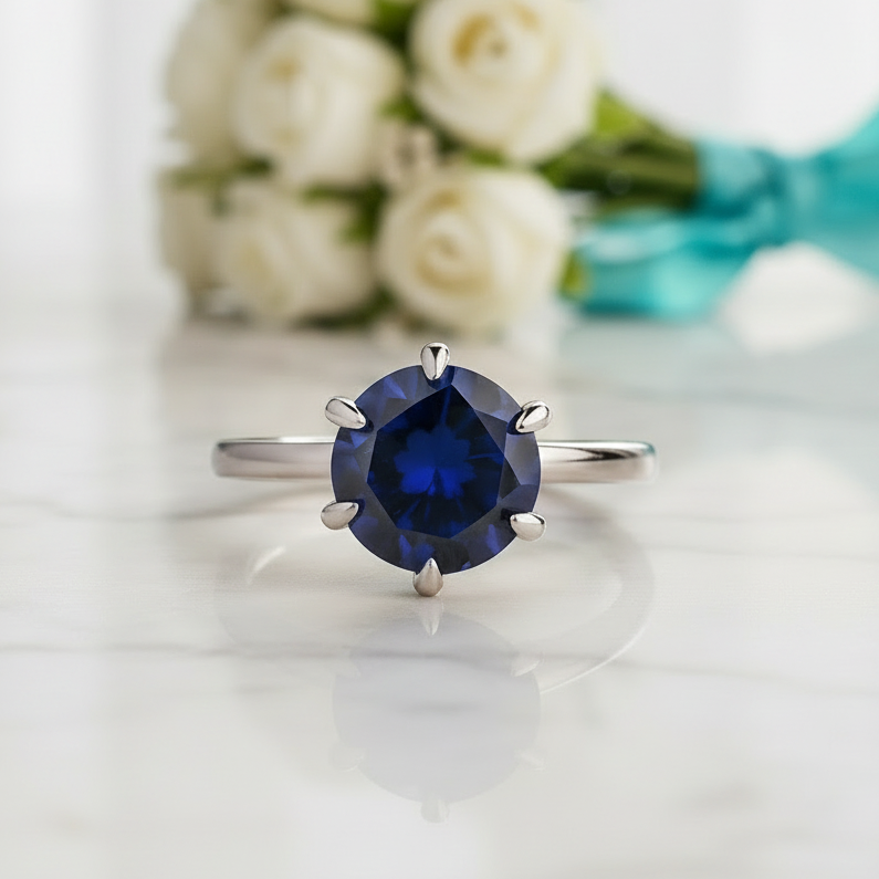 Classic Round Cut 2.0ct Blue Sapphire White Gold Engagement Ring - Evani Naomi Jewelry