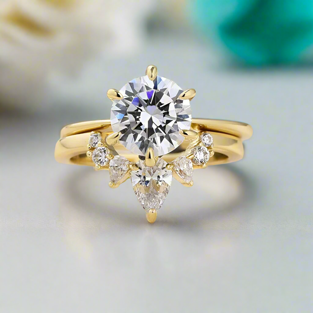 Classic Round Cut 2.0ct Solitaire Yellow Gold Bridal Set-Evani Jewelry