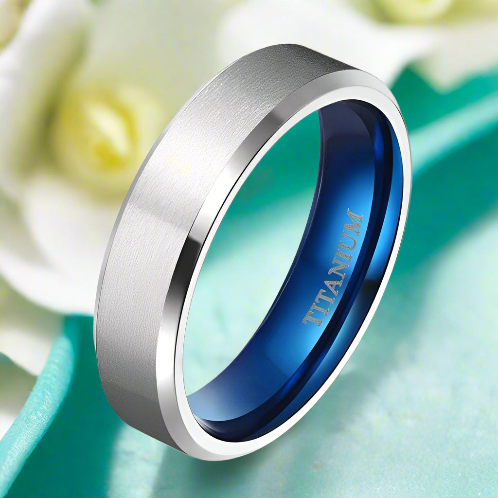 Classic Silver & Blue Unisex Titanium Wedding Band-Evani Jewelry