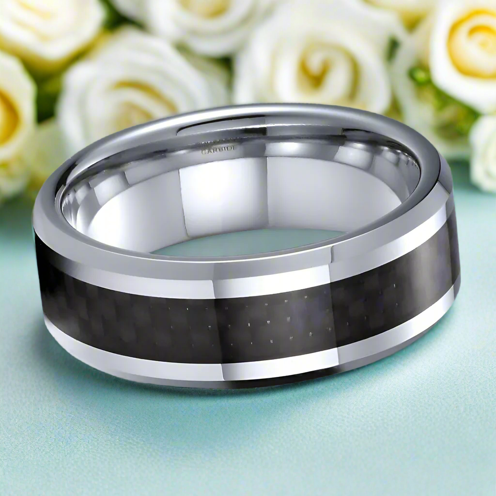 Classic Tungsten Wedding Band with Black Carbon Fiber Inlay-Evani Naomi Jewelry
