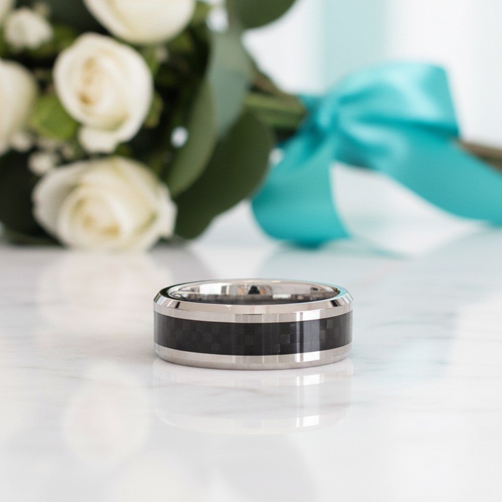 Classic Tungsten Wedding Band with Black Carbon Fiber Inlay-Evani Jewelry