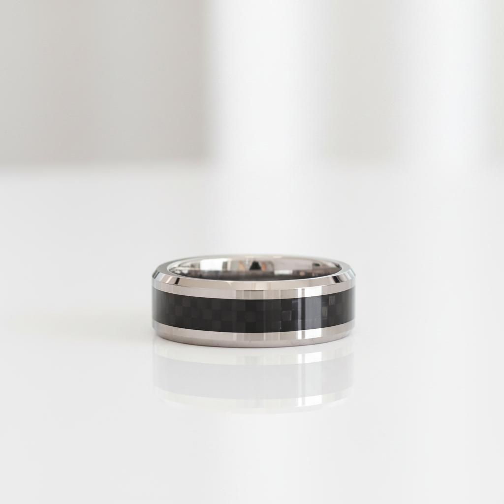 Classic Tungsten Wedding Band with Black Carbon Fiber Inlay - Evani Naomi Jewelry