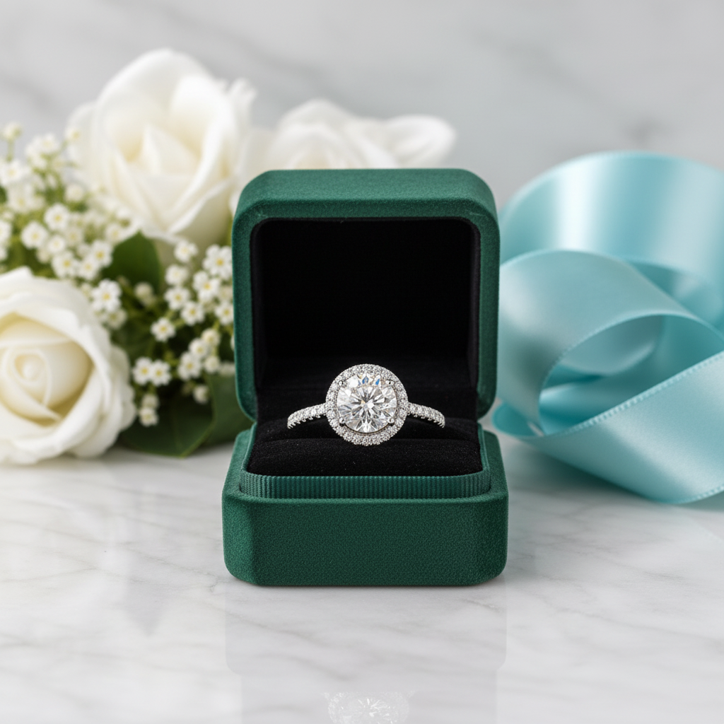 A round halo diamond engagement ring in a silver-toned band, displayed inside an open dark green velvet ring box on a white marble surface, with white roses and a light blue ribbon in the background.