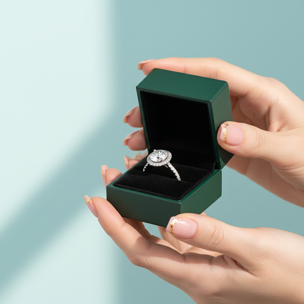 A silver ring with a round clear gemstone is displayed inside an open dark green jewelry box held by two hands against a soft light blue background.