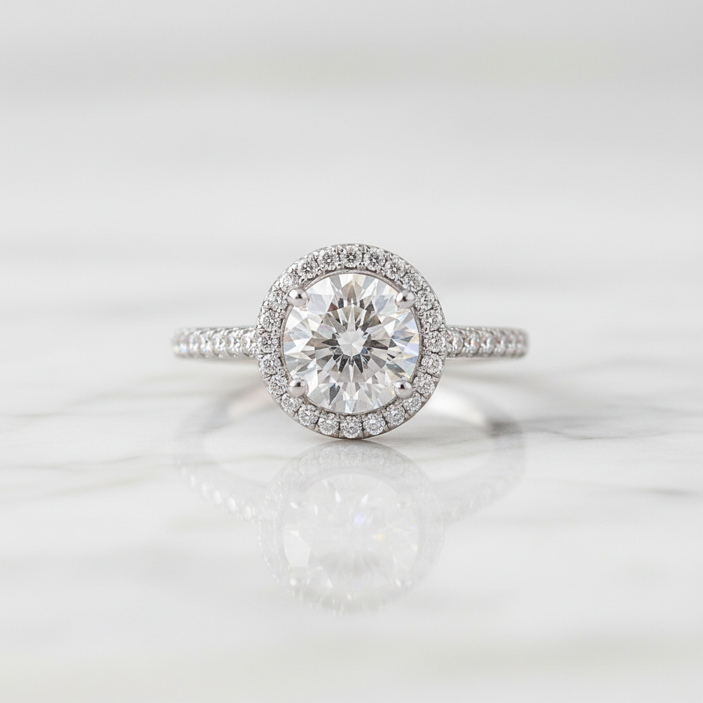 A round-cut halo engagement ring with a brilliant center stone and a surrounding halo of small pavé-set diamonds, set on a silver-toned band with additional diamonds, resting on a white marble surface with a soft reflection.