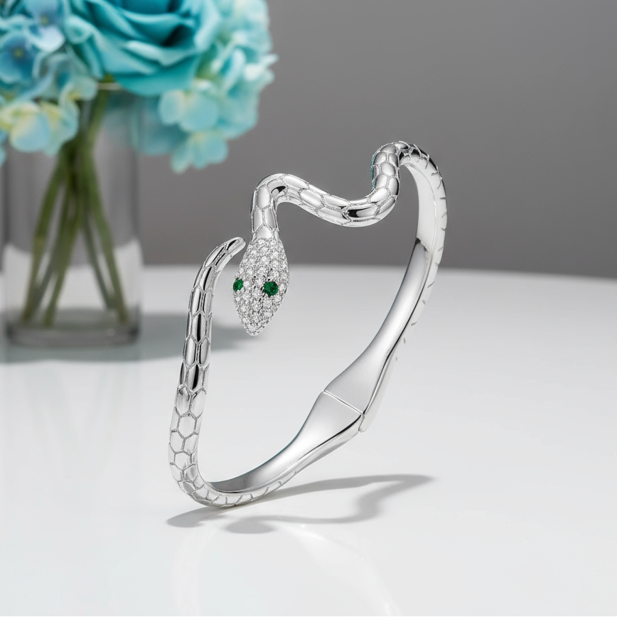 Classical Snake Diamond Open Bangle Bracelet-Evani Naomi Jewelry
