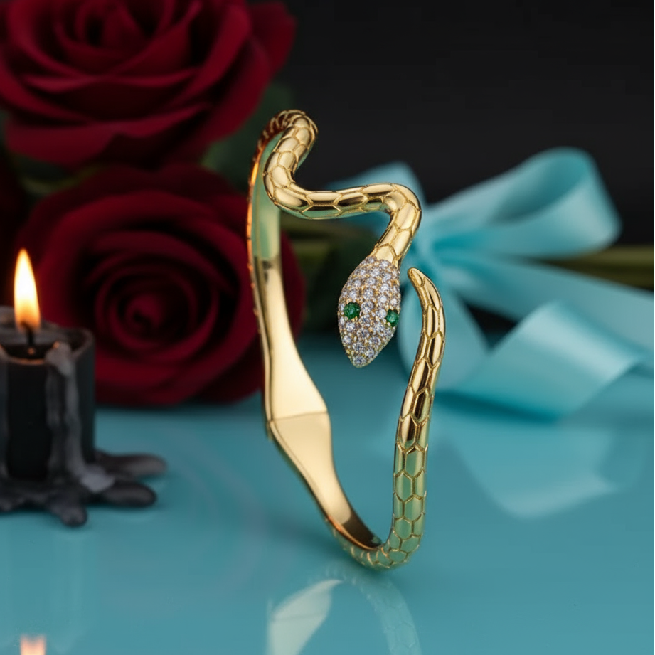 Classical Snake Diamond Open Bangle Bracelet-Evani Jewelry