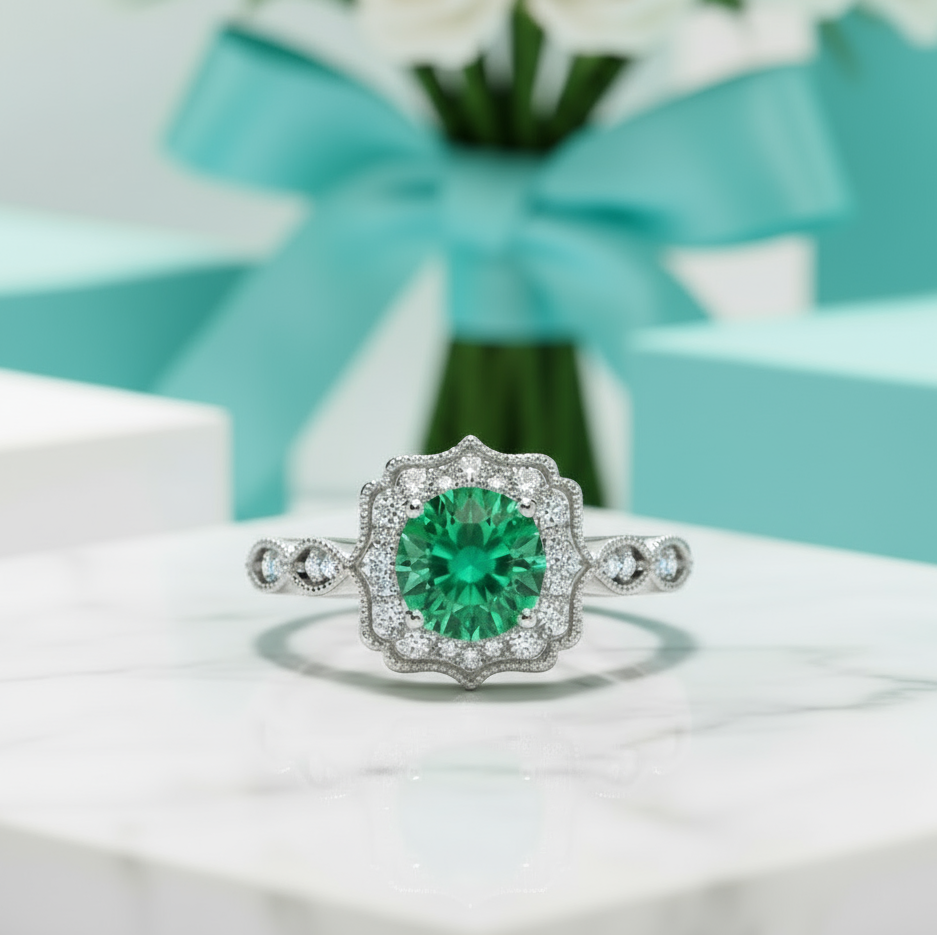 Close-up of a hand wearing a ring with a green gemstone on a blurred background
