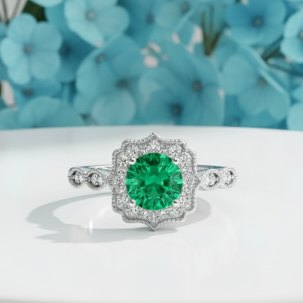 Close-up of a hand wearing a ring with a green gemstone on a blurred background