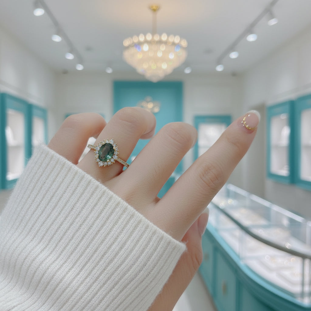 Bloom of Love- Oval Cut Halo Pave Moss Agate Cluster Engagement Rings-Evani Jewelry