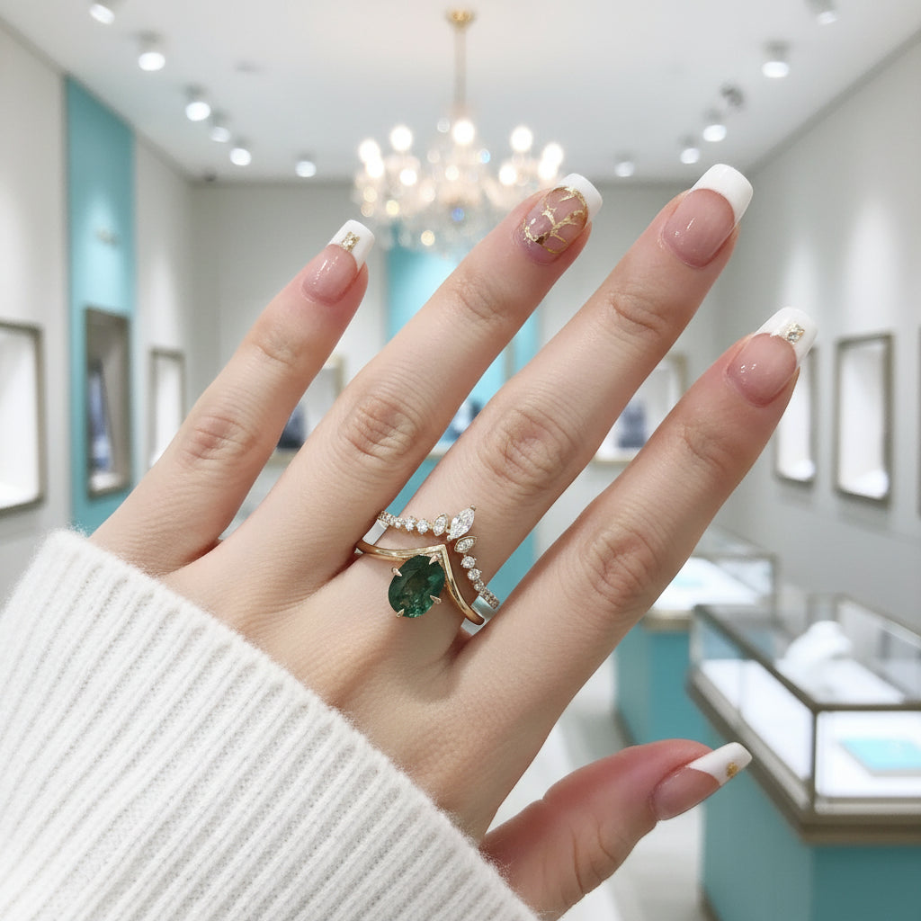 Captured Starlight- Unique Moss Agate V Shape Engagement Ring Set-Evani Jewelry