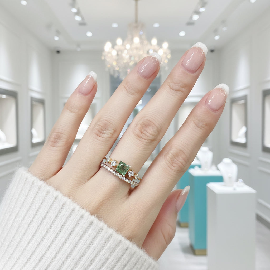 Delicate Ballet- Vintage Moss Agate Engagement Ring Set-Evani Jewelry