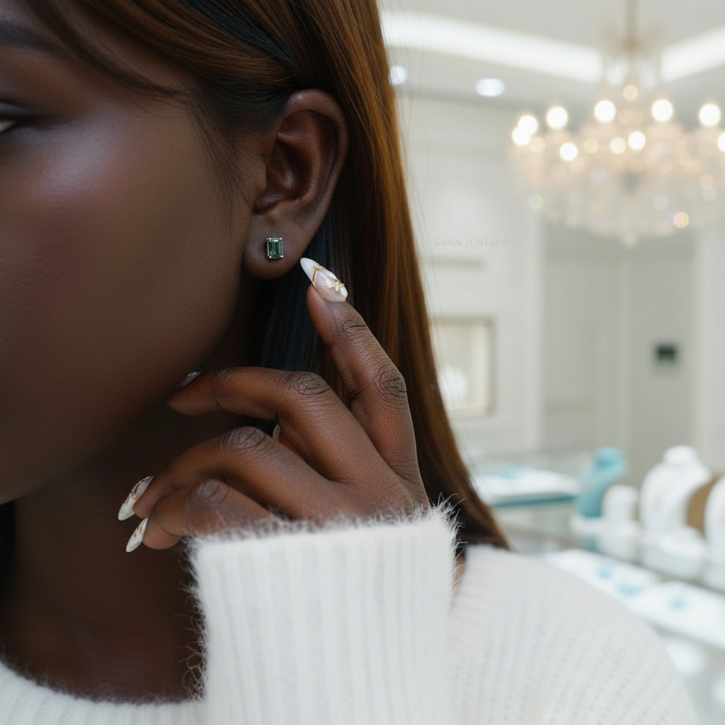 Eternal Commitment- Geometric Moss Agate Stud Earrings-Evani Jewelry