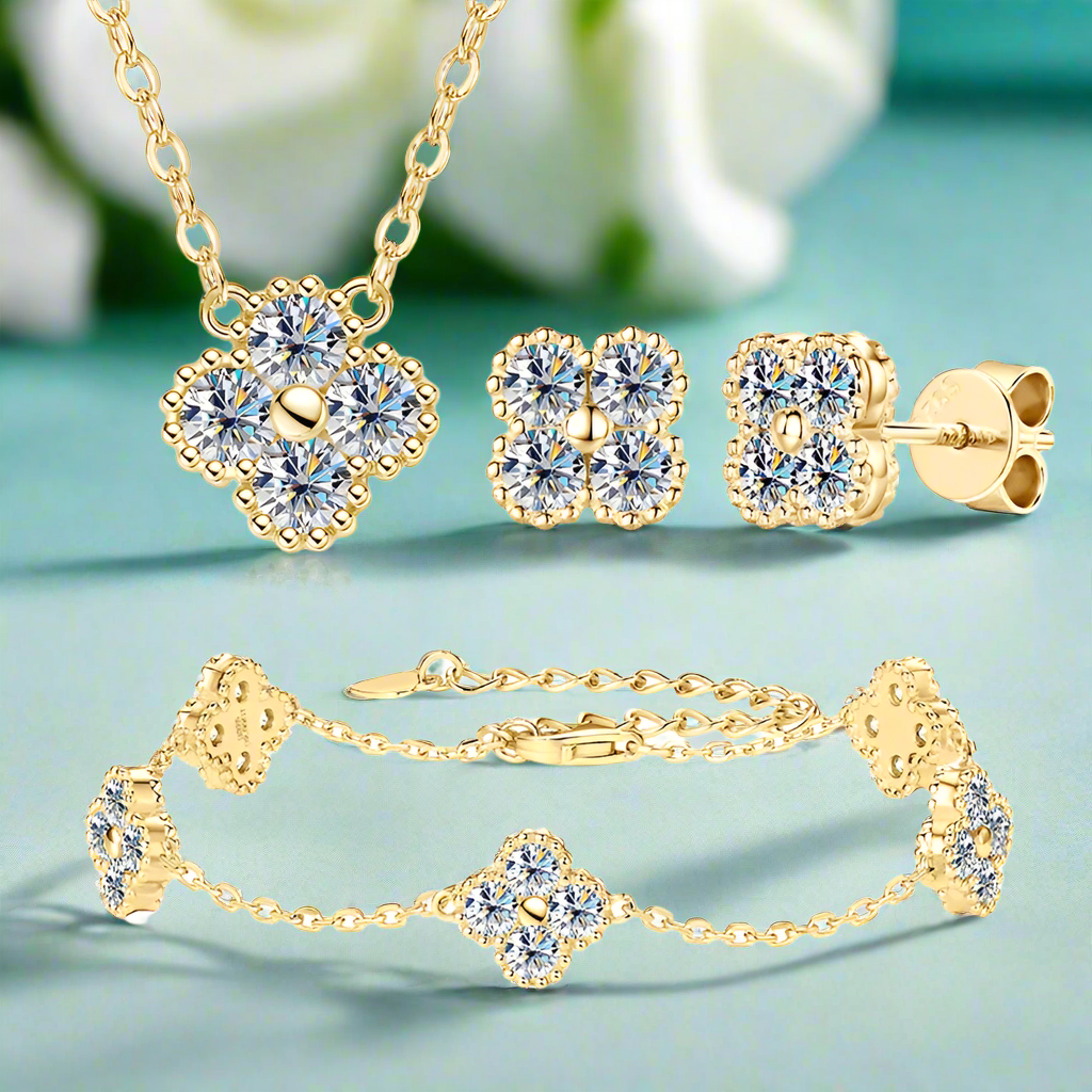 Clover Leaf Necklace Earrings and Bracelet Set with Certified Diamond-Evani Jewelry