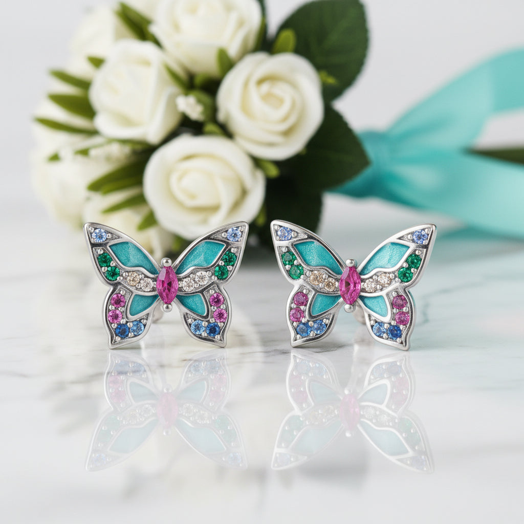Colorful Diamond Butterfly Stud Earrings-Evani Jewelry