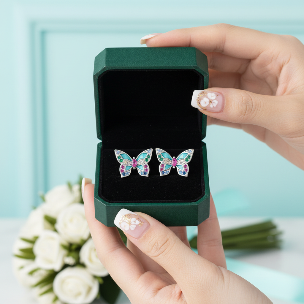 Colorful Diamond Option Butterfly Stud Earrings