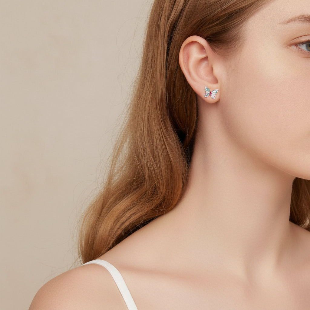 Colorful Diamond Butterfly Stud Earrings-Evani Jewelry