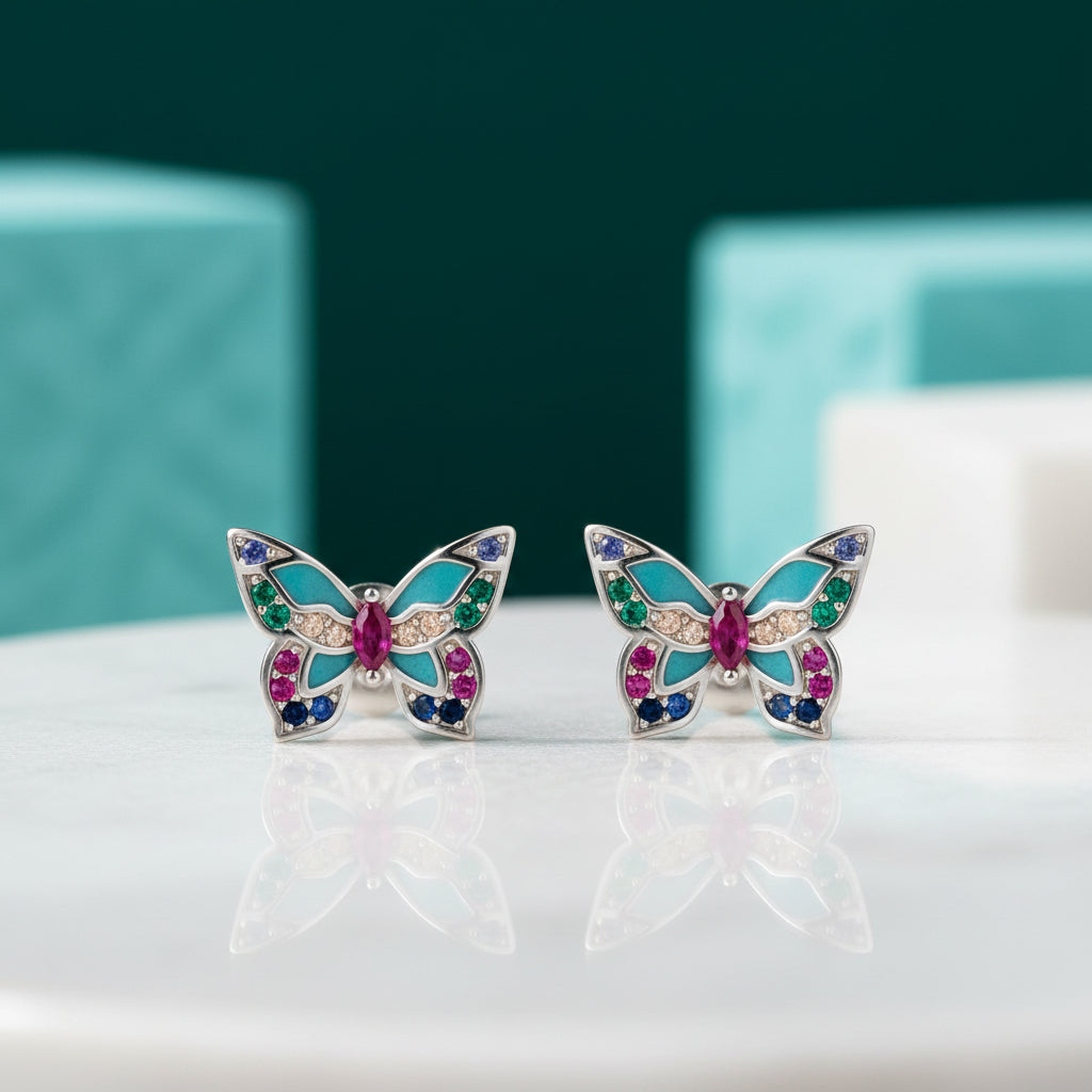Colorful Diamond Butterfly Stud Earrings-Evani Jewelry