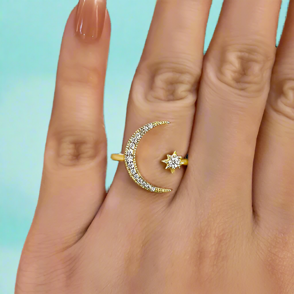 Crescent Moon & Star Yellow Gold Adjustable Open Ring-Evani Naomi Jewelry